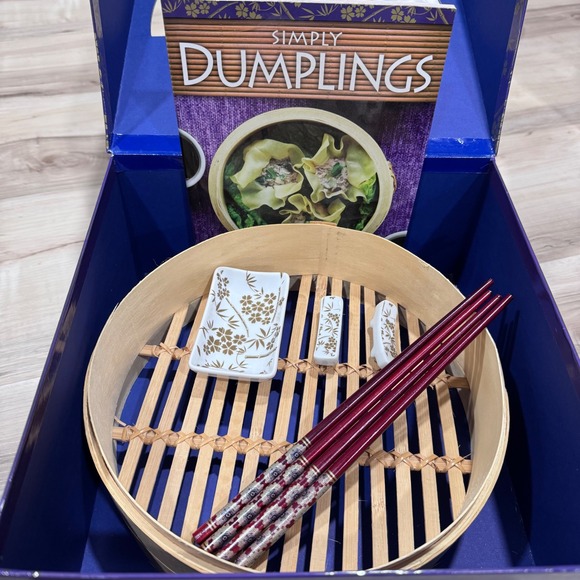 Complete Dumplings Book Steamer and Serving Kit Bamboo Basket Chopsticks Dish - Picture 3 of 3